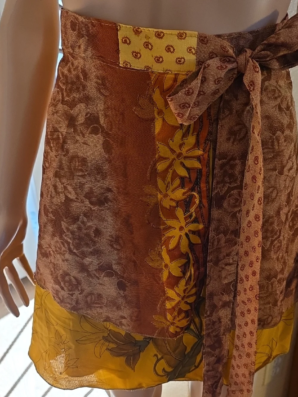 Earthbound Trading Co. Gold Burgundy  Wrap Skirt Mini Polyester Boho